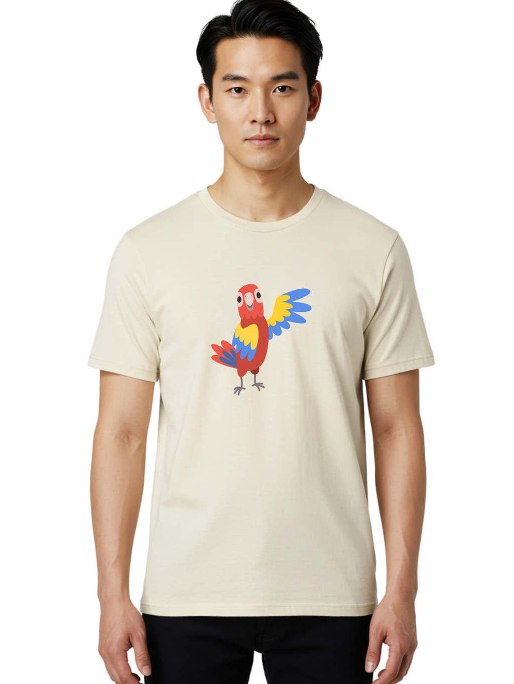 Parrot-1 Men'S Graphic Tee, 100% Cotton, Comfortable Casual Summer Wear, Machine Washable, Colorful Parrot, Cartoon Bird, Vibrant Red, Yellow, Blue Hues, Playful Wings, Happy Expression, Animated Character, Whimsical Design, Quirky Style Aab847