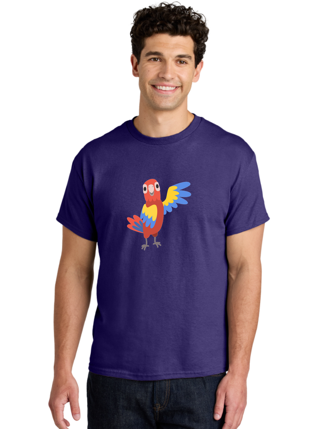 Parrot-1 Men'S Graphic Tee, 100% Cotton, Comfortable Casual Summer Wear, Machine Washable, Colorful Parrot, Cartoon Bird, Vibrant Red, Yellow, Blue Hues, Playful Wings, Happy Expression, Animated Character, Whimsical Design, Quirky Style Aab847