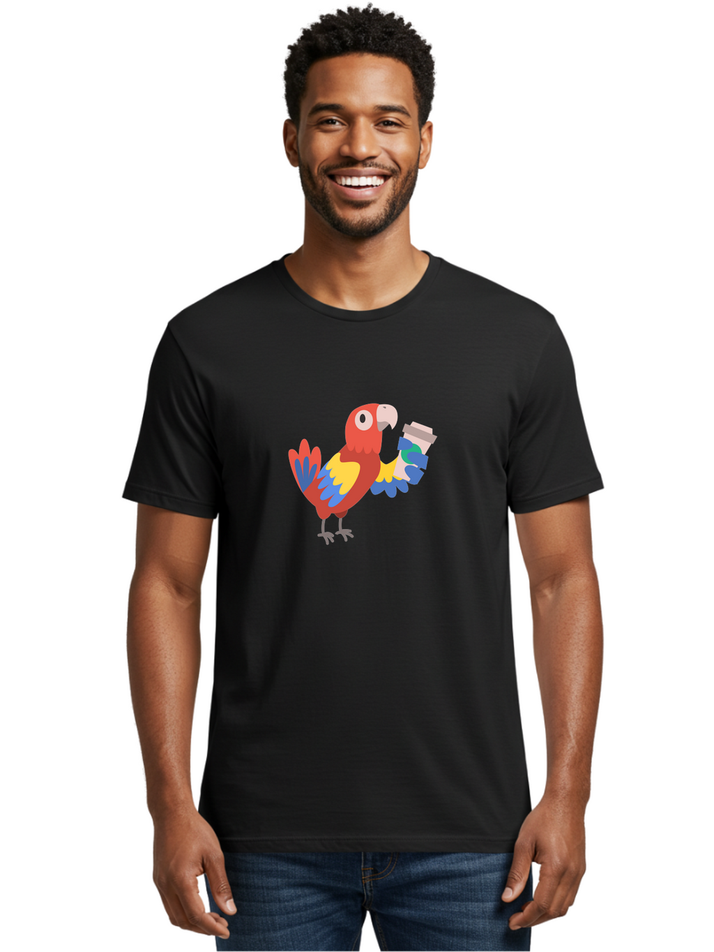 Parrot-2 Men'S Graphic Tee, 100% Cotton, Comfortable Casual Summer Wear, Machine Washable, Colorful Parrot, Cartoon Bird, Coffee Cup, Vibrant Feathers, Playful Illustration, Tropical Bird, Coffee Love, Exotic Pet Aab850