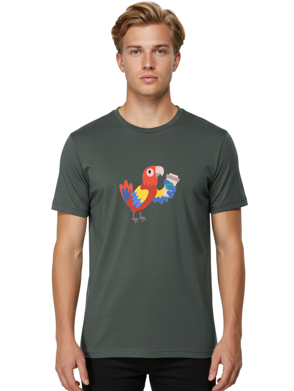 Parrot-2 Men'S Graphic Tee, 100% Cotton, Comfortable Casual Summer Wear, Machine Washable, Colorful Parrot, Cartoon Bird, Coffee Cup, Vibrant Feathers, Playful Illustration, Tropical Bird, Coffee Love, Exotic Pet Aab850