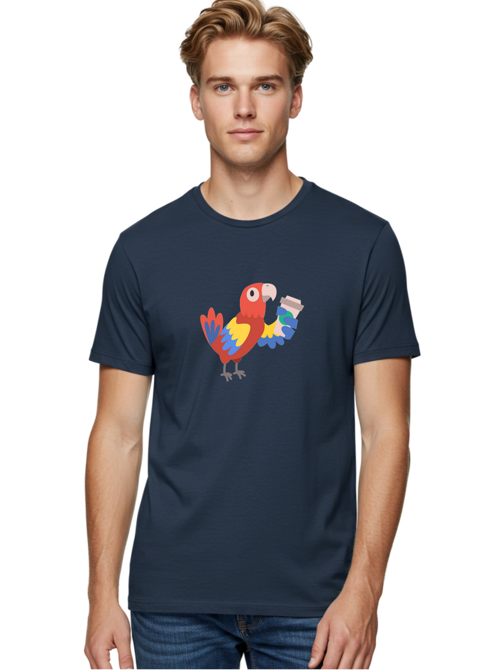 Parrot-2 Men'S Graphic Tee, 100% Cotton, Comfortable Casual Summer Wear, Machine Washable, Colorful Parrot, Cartoon Bird, Coffee Cup, Vibrant Feathers, Playful Illustration, Tropical Bird, Coffee Love, Exotic Pet Aab850