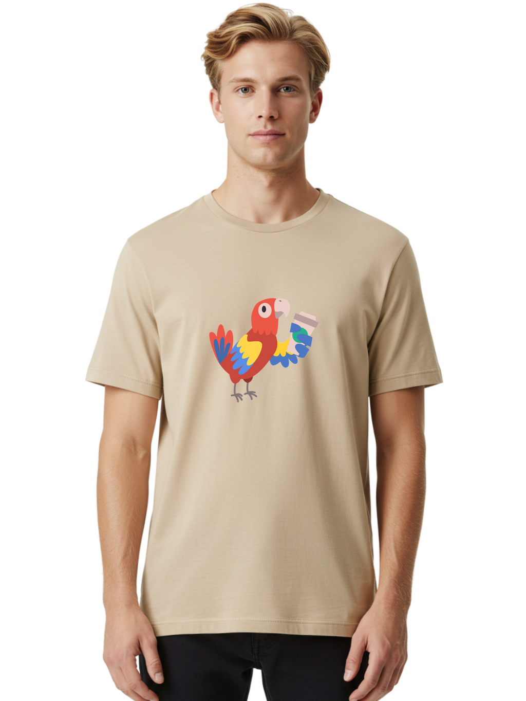 Parrot-2 Men'S Graphic Tee, 100% Cotton, Comfortable Casual Summer Wear, Machine Washable, Colorful Parrot, Cartoon Bird, Coffee Cup, Vibrant Feathers, Playful Illustration, Tropical Bird, Coffee Love, Exotic Pet Aab850