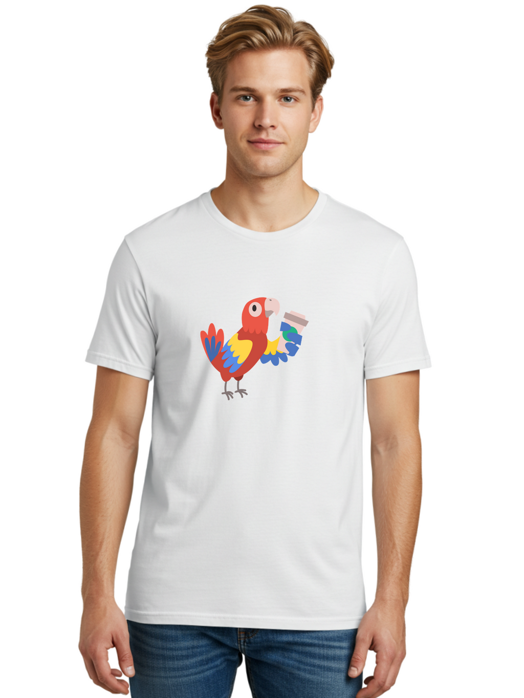 Parrot-2 Men'S Graphic Tee, 100% Cotton, Comfortable Casual Summer Wear, Machine Washable, Colorful Parrot, Cartoon Bird, Coffee Cup, Vibrant Feathers, Playful Illustration, Tropical Bird, Coffee Love, Exotic Pet Aab850