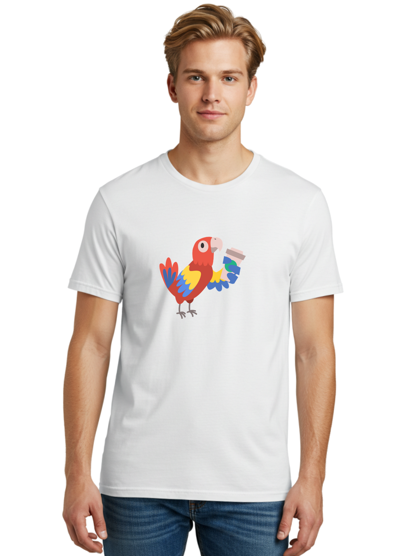 Parrot-2 Men'S Graphic Tee, 100% Cotton, Comfortable Casual Summer Wear, Machine Washable, Colorful Parrot, Cartoon Bird, Coffee Cup, Vibrant Feathers, Playful Illustration, Tropical Bird, Coffee Love, Exotic Pet Aab850