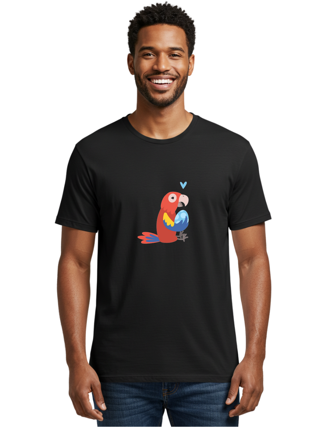 Parrot-3 Men'S Graphic Tee, 100% Cotton, Comfortable Casual Summer Wear, Machine Washable, Colorful Parrot, Red Bird, Blue Wings, Yellow Feathers, Cartoon Character, Heart Above Head, Vibrant Colors, Cute Animal, Tropical Bird, Parrot Love Aab851