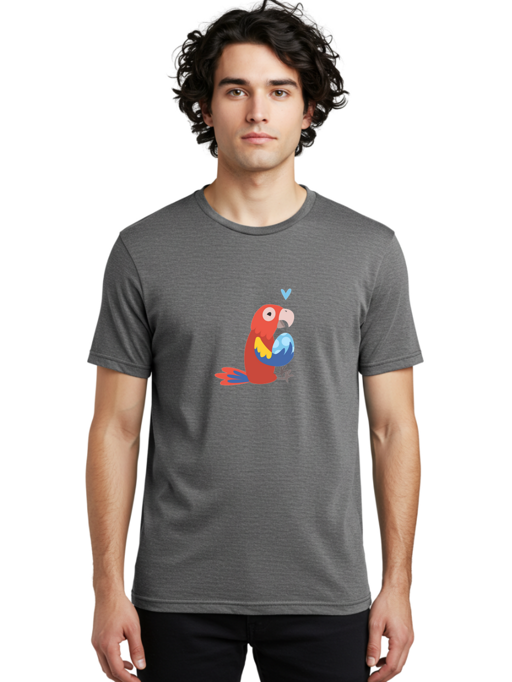 Parrot-3 Men'S Graphic Tee, 100% Cotton, Comfortable Casual Summer Wear, Machine Washable, Colorful Parrot, Red Bird, Blue Wings, Yellow Feathers, Cartoon Character, Heart Above Head, Vibrant Colors, Cute Animal, Tropical Bird, Parrot Love Aab851