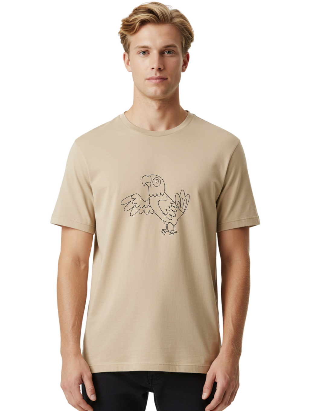 Parrot-4 Men'S Graphic Tee, 100% Cotton, Comfortable Casual Summer Wear, Machine Washable, Line Art Parrot, Simple Illustration, Cartoon Style, Bird Silhouette, Animal Outline, Coloring Page, Minimalist Design, Winged Creature, Aab852