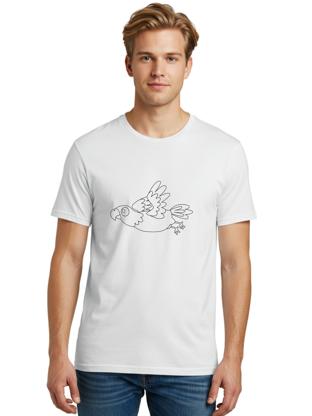 Parrot-6 Men'S Graphic Tee, 100% Cotton, Comfortable Casual Summer Wear, Machine Washable, Parrot Illustration, Simple Outline, Flying Bird, Cartoon Style, Minimalist Design, Bird Graphics Aab854