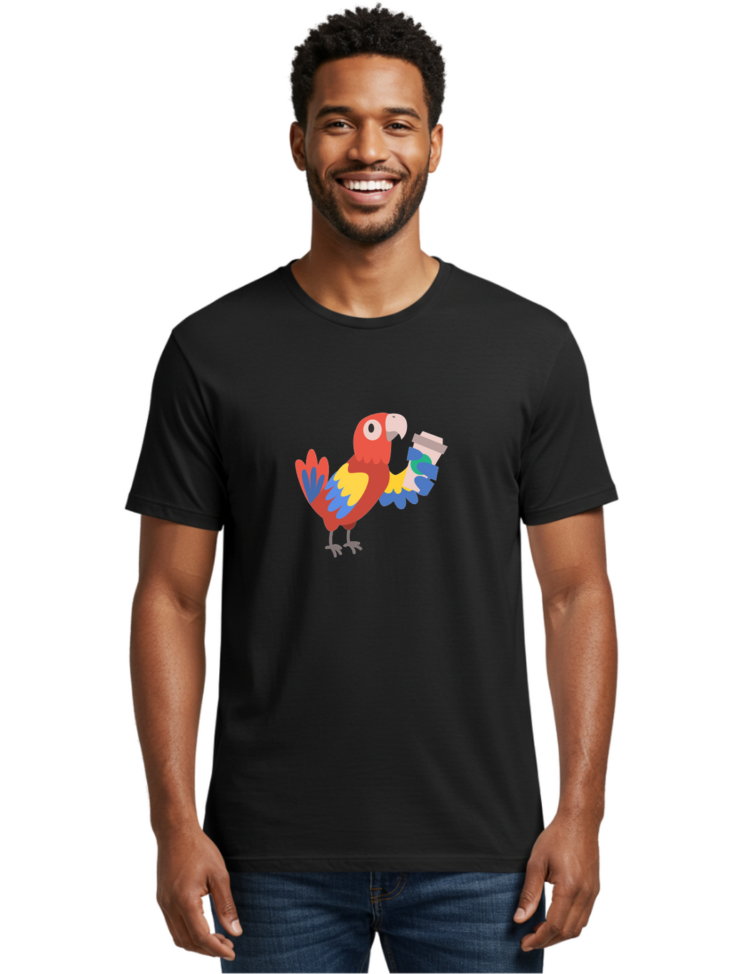 Parrot-Coffee-Cup Men'S Graphic Tee, 100% Cotton, Comfortable Casual Summer Wear, Machine Washable, Parrot Holding Coffee, Cartoon Parrot, Colorful Bird, Coffee Lover, Vibrant Plumage, Cartoon Character, Funny Parrot, Coffee Break, Aab859