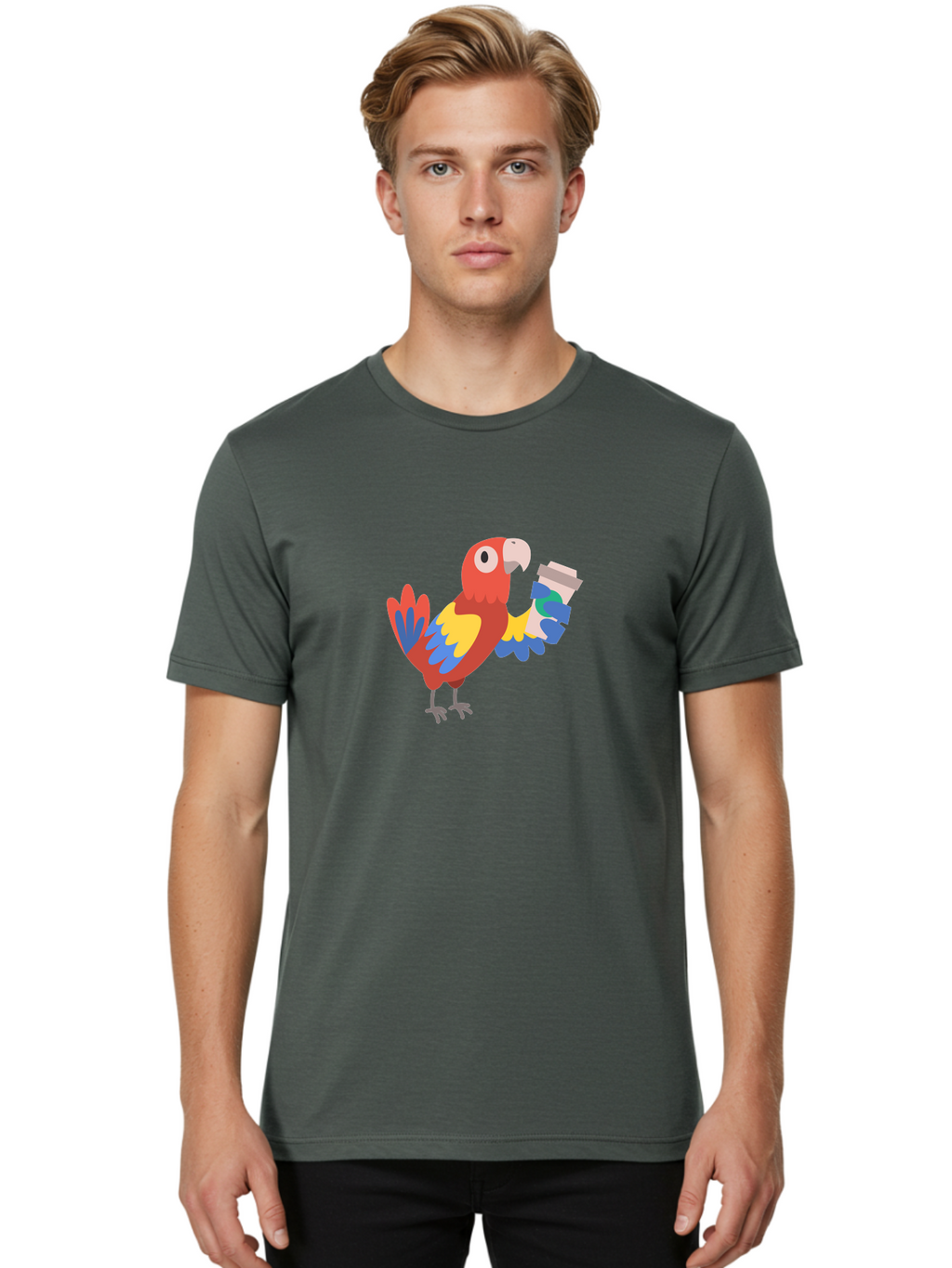 Parrot-Coffee-Cup Men'S Graphic Tee, 100% Cotton, Comfortable Casual Summer Wear, Machine Washable, Parrot Holding Coffee, Cartoon Parrot, Colorful Bird, Coffee Lover, Vibrant Plumage, Cartoon Character, Funny Parrot, Coffee Break, Aab859