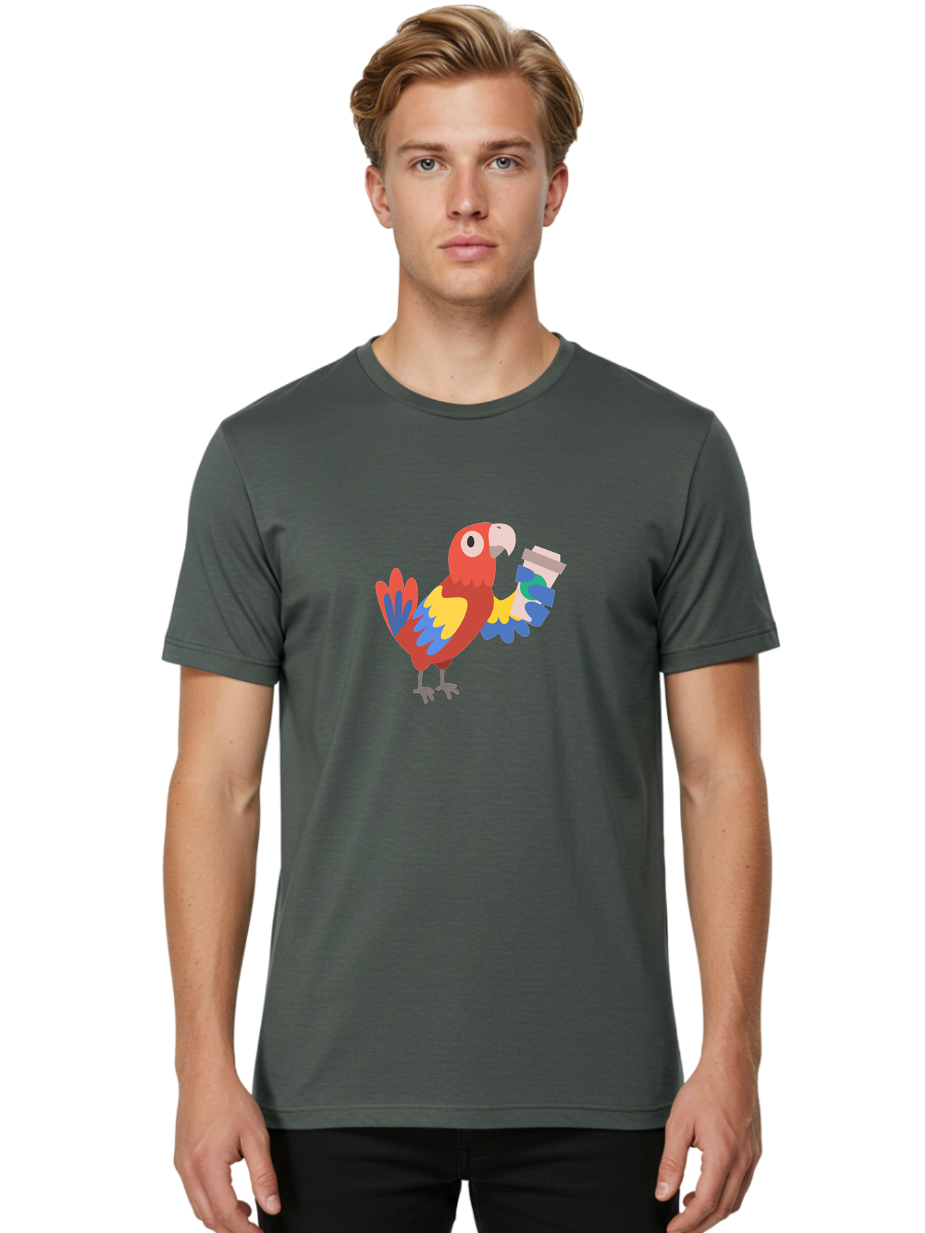 Parrot-Coffee-Cup Men'S Graphic Tee, 100% Cotton, Comfortable Casual Summer Wear, Machine Washable, Parrot Holding Coffee, Cartoon Parrot, Colorful Bird, Coffee Lover, Vibrant Plumage, Cartoon Character, Funny Parrot, Coffee Break, Aab859