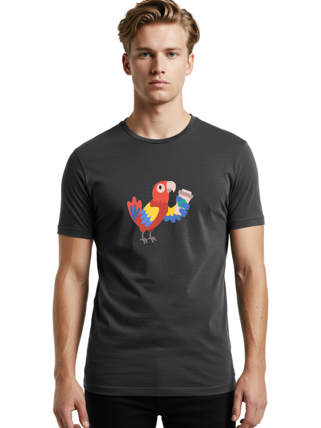 Parrot-Coffee-Cup Men'S Graphic Tee, 100% Cotton, Comfortable Casual Summer Wear, Machine Washable, Parrot Holding Coffee, Cartoon Parrot, Colorful Bird, Coffee Lover, Vibrant Plumage, Cartoon Character, Funny Parrot, Coffee Break, Aab859