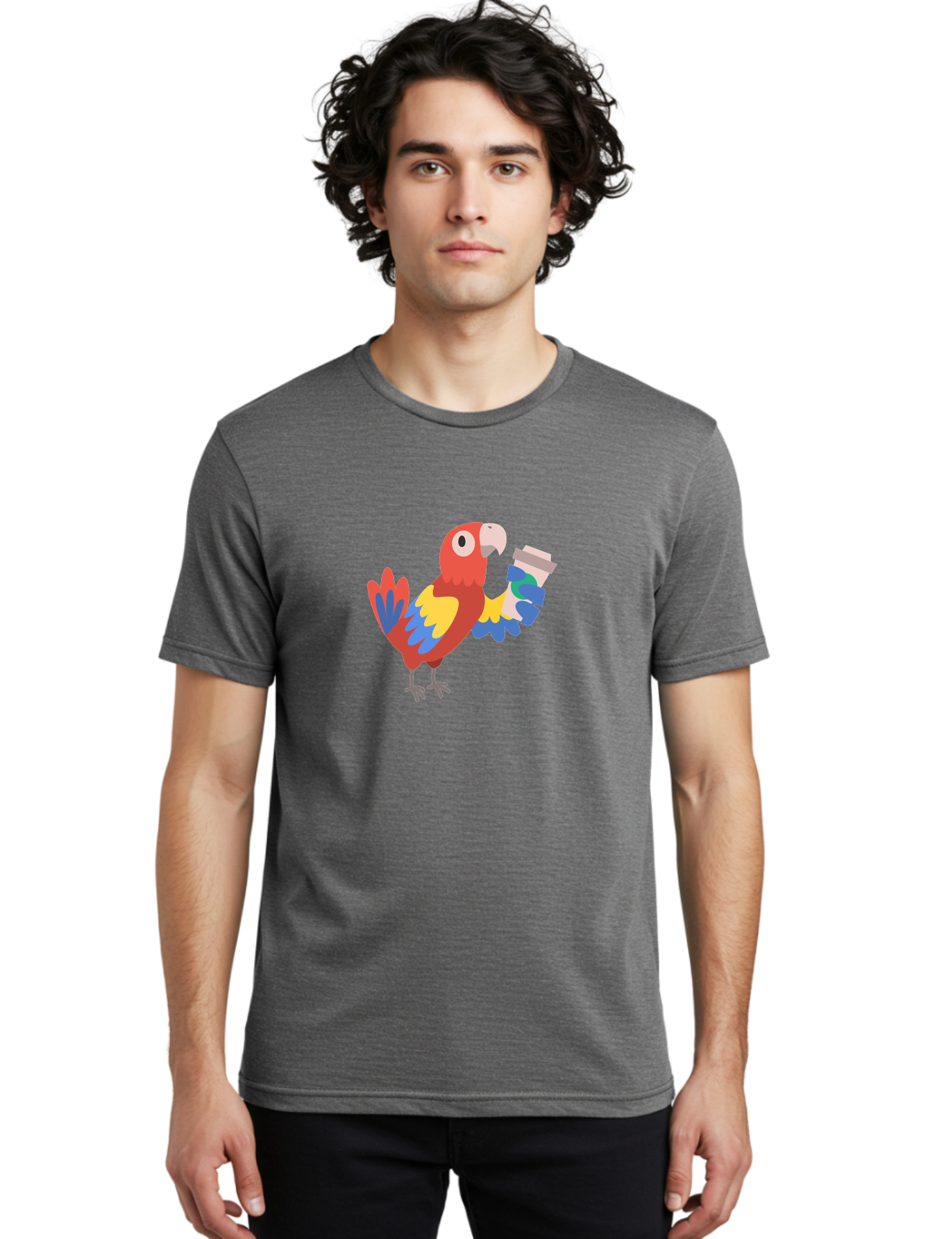 Parrot-Coffee-Cup Men'S Graphic Tee, 100% Cotton, Comfortable Casual Summer Wear, Machine Washable, Parrot Holding Coffee, Cartoon Parrot, Colorful Bird, Coffee Lover, Vibrant Plumage, Cartoon Character, Funny Parrot, Coffee Break, Aab859