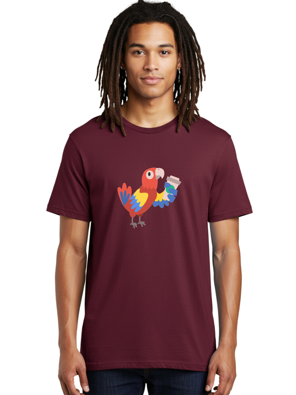 Parrot-Coffee-Cup Men'S Graphic Tee, 100% Cotton, Comfortable Casual Summer Wear, Machine Washable, Parrot Holding Coffee, Cartoon Parrot, Colorful Bird, Coffee Lover, Vibrant Plumage, Cartoon Character, Funny Parrot, Coffee Break, Aab859