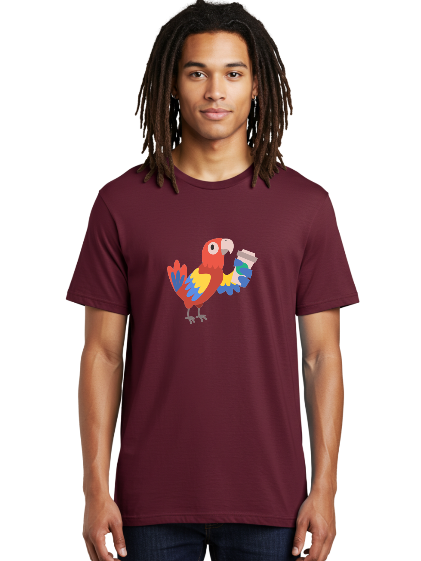 Parrot-Coffee-Cup Men'S Graphic Tee, 100% Cotton, Comfortable Casual Summer Wear, Machine Washable, Parrot Holding Coffee, Cartoon Parrot, Colorful Bird, Coffee Lover, Vibrant Plumage, Cartoon Character, Funny Parrot, Coffee Break, Aab859