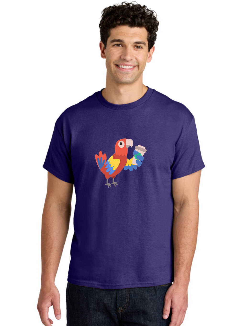 Parrot-Coffee-Cup Men'S Graphic Tee, 100% Cotton, Comfortable Casual Summer Wear, Machine Washable, Parrot Holding Coffee, Cartoon Parrot, Colorful Bird, Coffee Lover, Vibrant Plumage, Cartoon Character, Funny Parrot, Coffee Break, Aab859