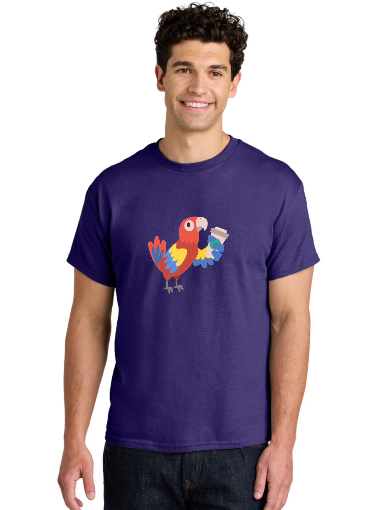 Parrot-Coffee-Cup Men'S Graphic Tee, 100% Cotton, Comfortable Casual Summer Wear, Machine Washable, Parrot Holding Coffee, Cartoon Parrot, Colorful Bird, Coffee Lover, Vibrant Plumage, Cartoon Character, Funny Parrot, Coffee Break, Aab859