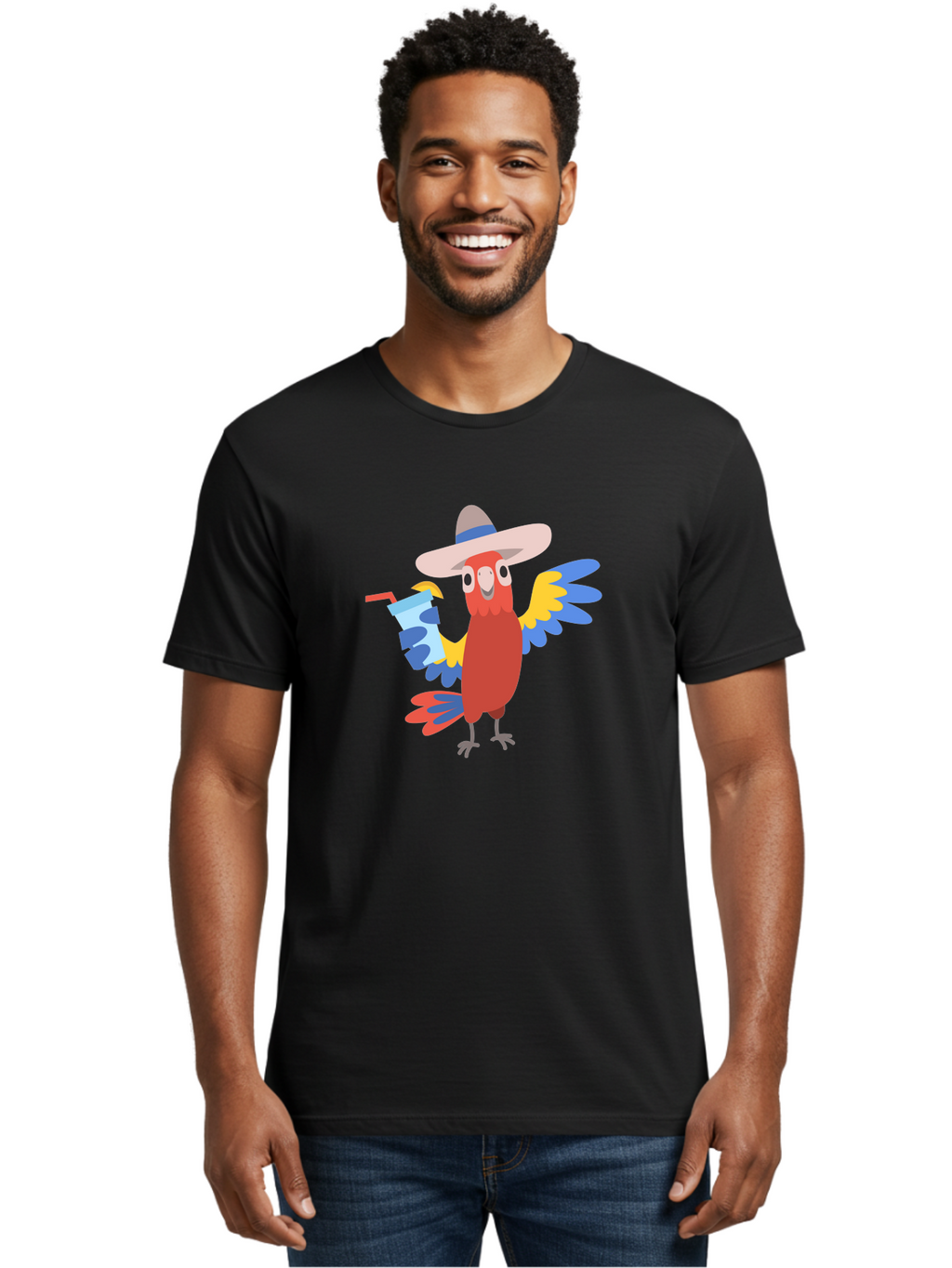 Parrot-Hat-Drink Men'S Graphic Tee, 100% Cotton, Comfortable Casual Summer Wear, Machine Washable, Colorful Parrot, Cartoon Parrot, Tropical Bird, Blue And Yellow Wings, Red Body, Large Hat, Striped Band, Cold Drink, Straw, Funny Character, Aab860