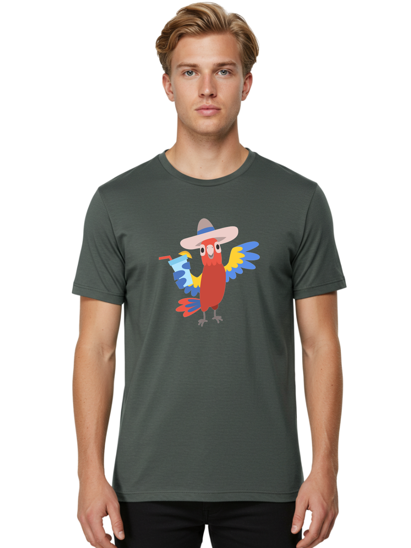 Parrot-Hat-Drink Men'S Graphic Tee, 100% Cotton, Comfortable Casual Summer Wear, Machine Washable, Colorful Parrot, Cartoon Parrot, Tropical Bird, Blue And Yellow Wings, Red Body, Large Hat, Striped Band, Cold Drink, Straw, Funny Character, Aab860