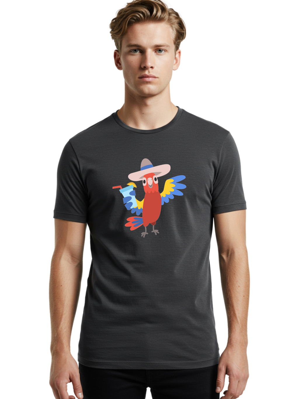 Parrot-Hat-Drink Men'S Graphic Tee, 100% Cotton, Comfortable Casual Summer Wear, Machine Washable, Colorful Parrot, Cartoon Parrot, Tropical Bird, Blue And Yellow Wings, Red Body, Large Hat, Striped Band, Cold Drink, Straw, Funny Character, Aab860