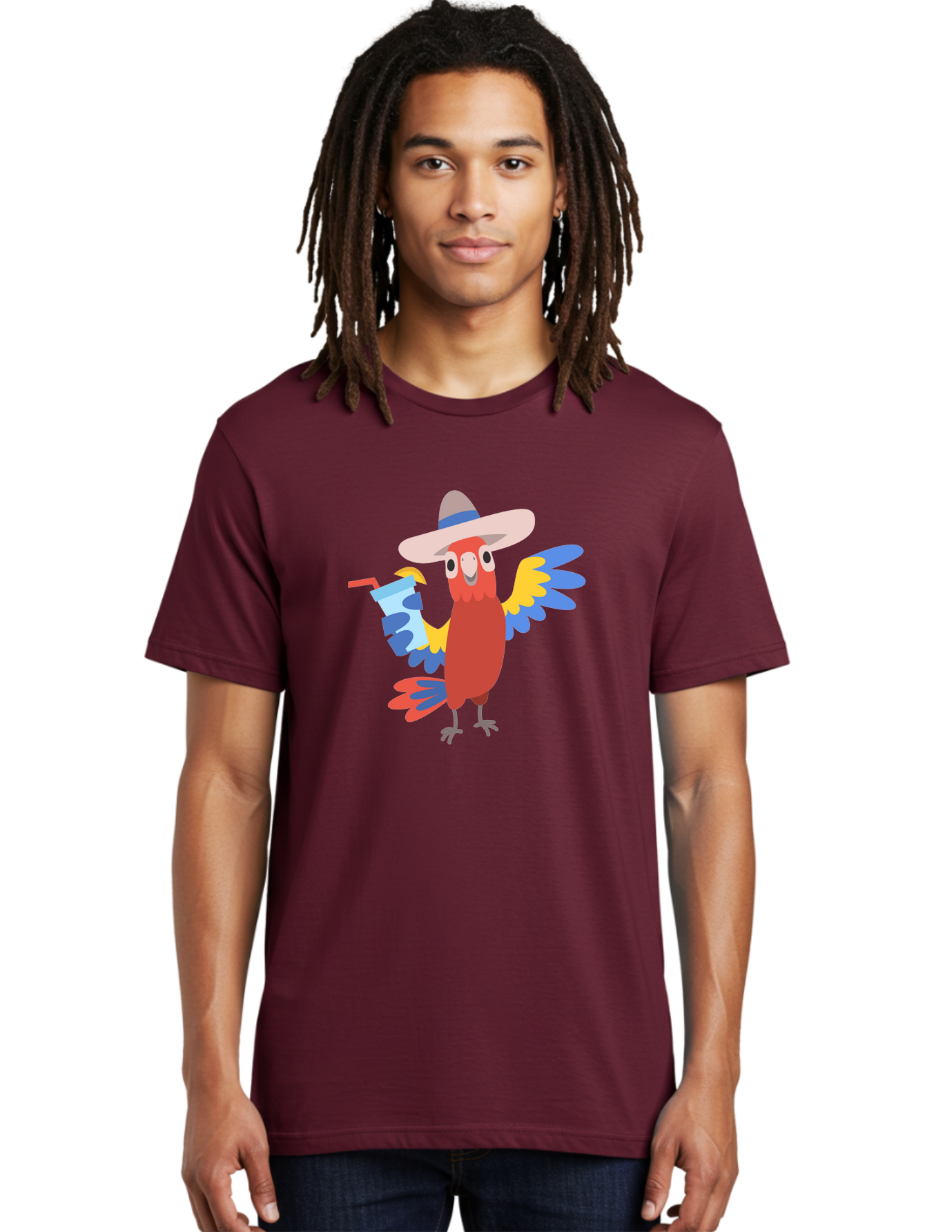 Parrot-Hat-Drink Men'S Graphic Tee, 100% Cotton, Comfortable Casual Summer Wear, Machine Washable, Colorful Parrot, Cartoon Parrot, Tropical Bird, Blue And Yellow Wings, Red Body, Large Hat, Striped Band, Cold Drink, Straw, Funny Character, Aab860