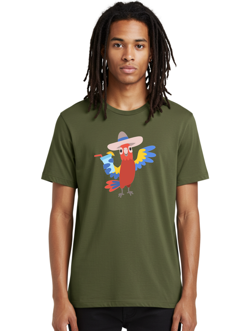 Parrot-Hat-Drink Men'S Graphic Tee, 100% Cotton, Comfortable Casual Summer Wear, Machine Washable, Colorful Parrot, Cartoon Parrot, Tropical Bird, Blue And Yellow Wings, Red Body, Large Hat, Striped Band, Cold Drink, Straw, Funny Character, Aab860