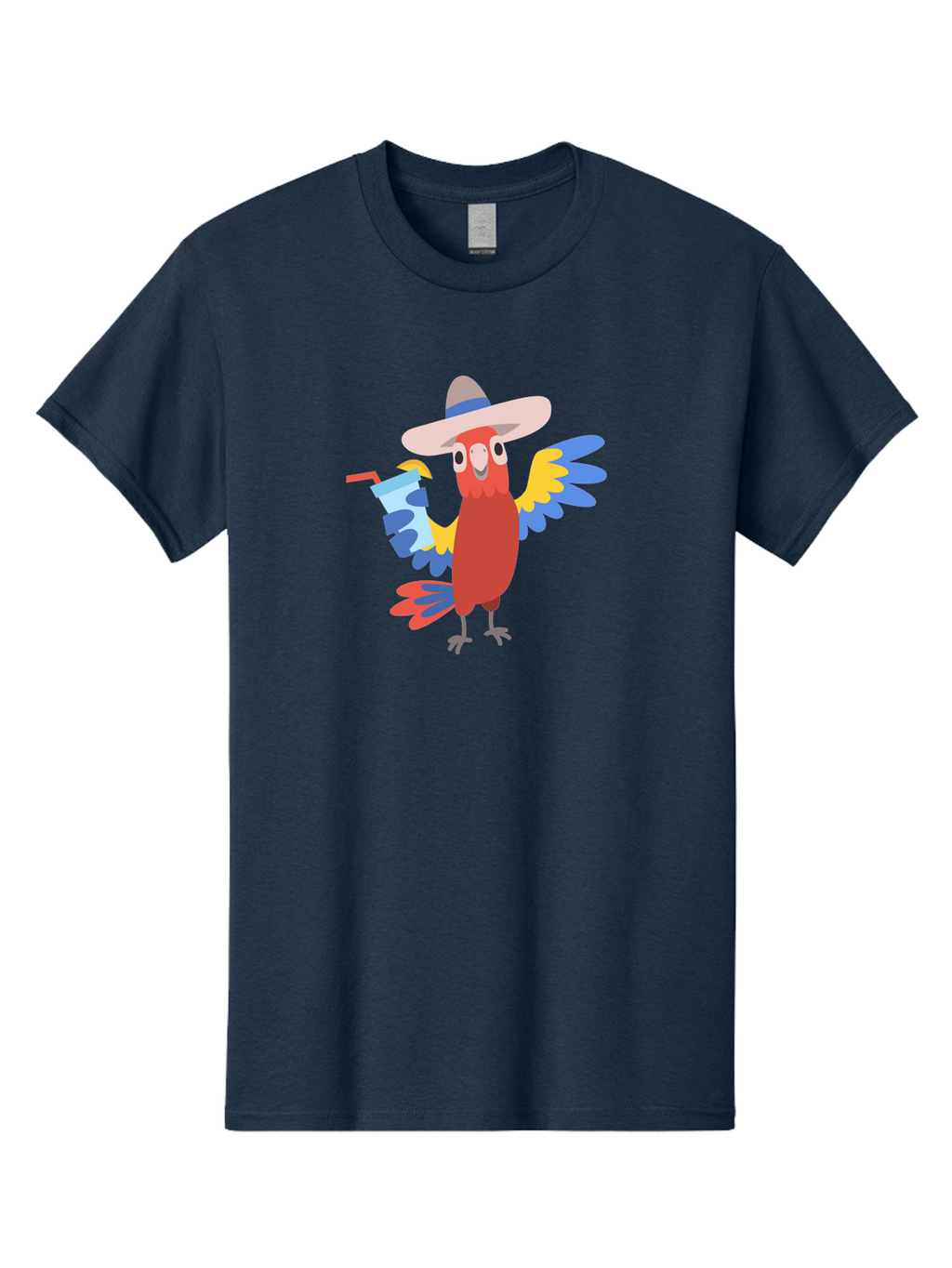 Parrot-Hat-Drink Men'S Graphic Tee, 100% Cotton, Comfortable Casual Summer Wear, Machine Washable, Colorful Parrot, Cartoon Parrot, Tropical Bird, Blue And Yellow Wings, Red Body, Large Hat, Striped Band, Cold Drink, Straw, Funny Character, Aab860