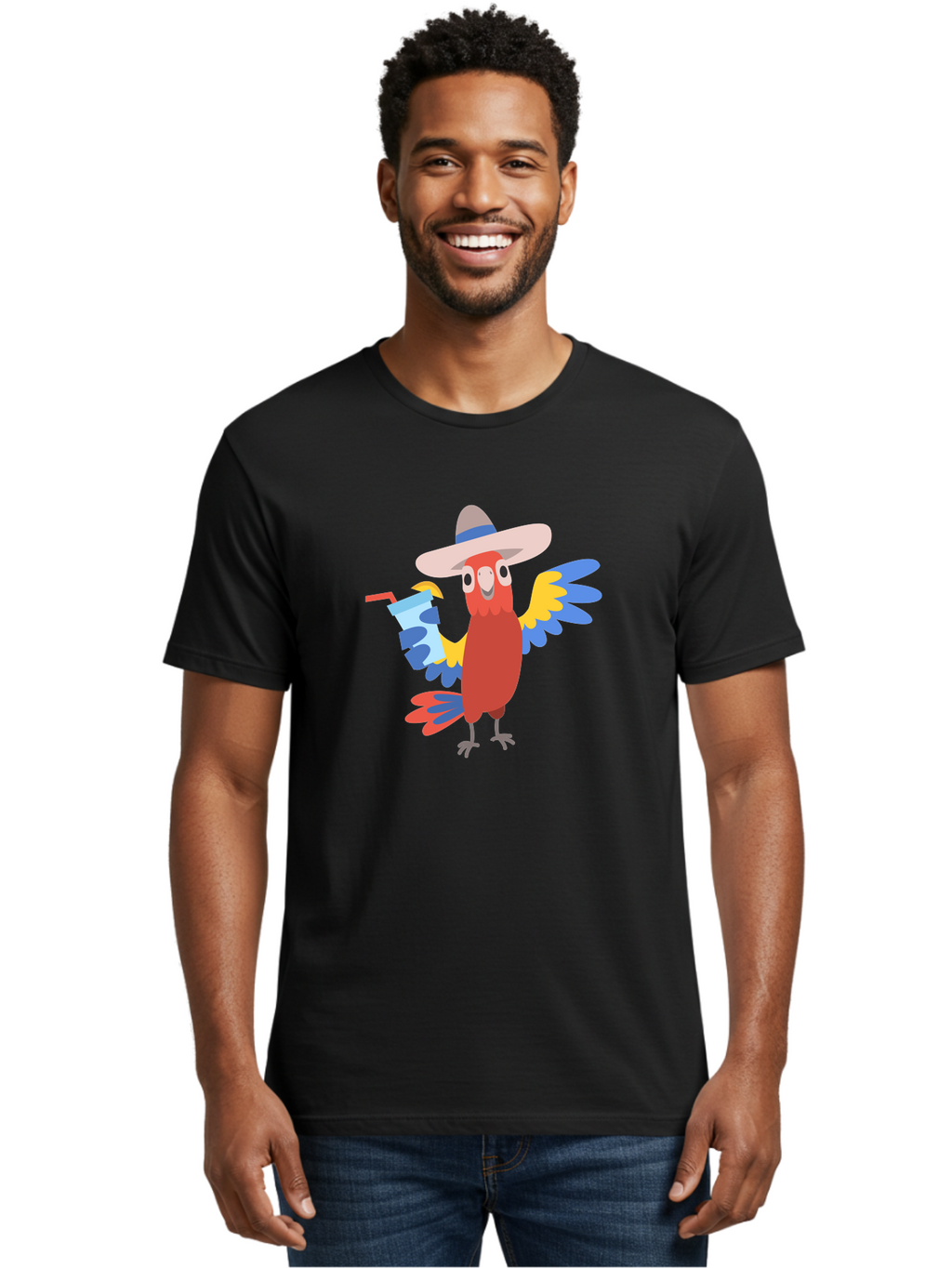 Parrot-In-Hat Men'S Graphic Tee, 100% Cotton, Comfortable Casual Summer Wear, Machine Washable, Colorful Cartoon Parrot, Tropical Bird, Cartoon Character, Wide-Brimmed Hat, Straw Hat, Festive Atmosphere, Playful Design, Vibrant Colors, Aab863