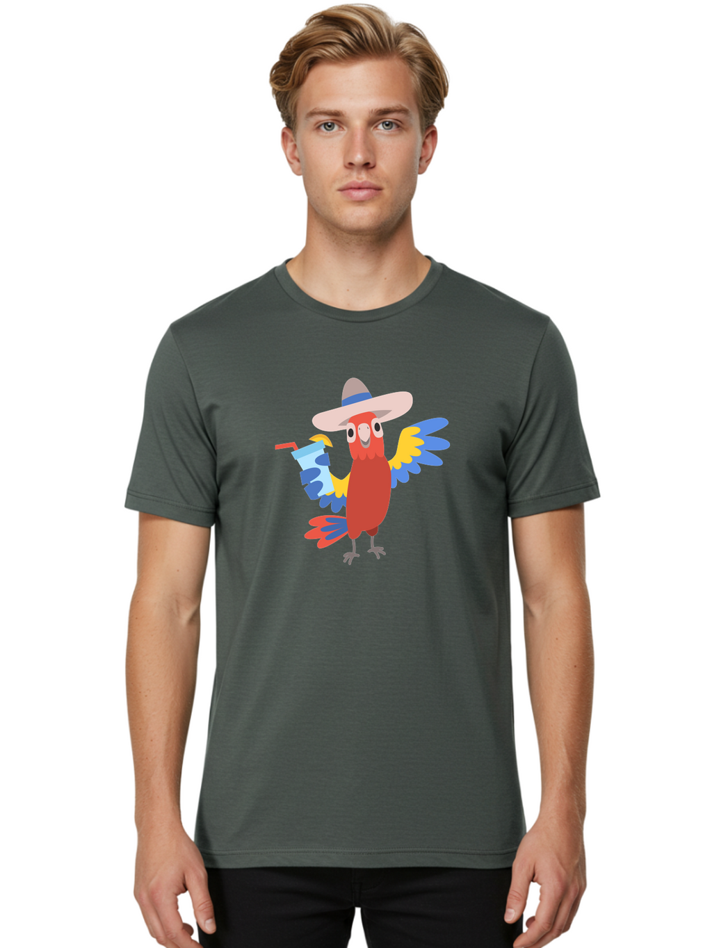 Parrot-In-Hat Men'S Graphic Tee, 100% Cotton, Comfortable Casual Summer Wear, Machine Washable, Colorful Cartoon Parrot, Tropical Bird, Cartoon Character, Wide-Brimmed Hat, Straw Hat, Festive Atmosphere, Playful Design, Vibrant Colors, Aab863