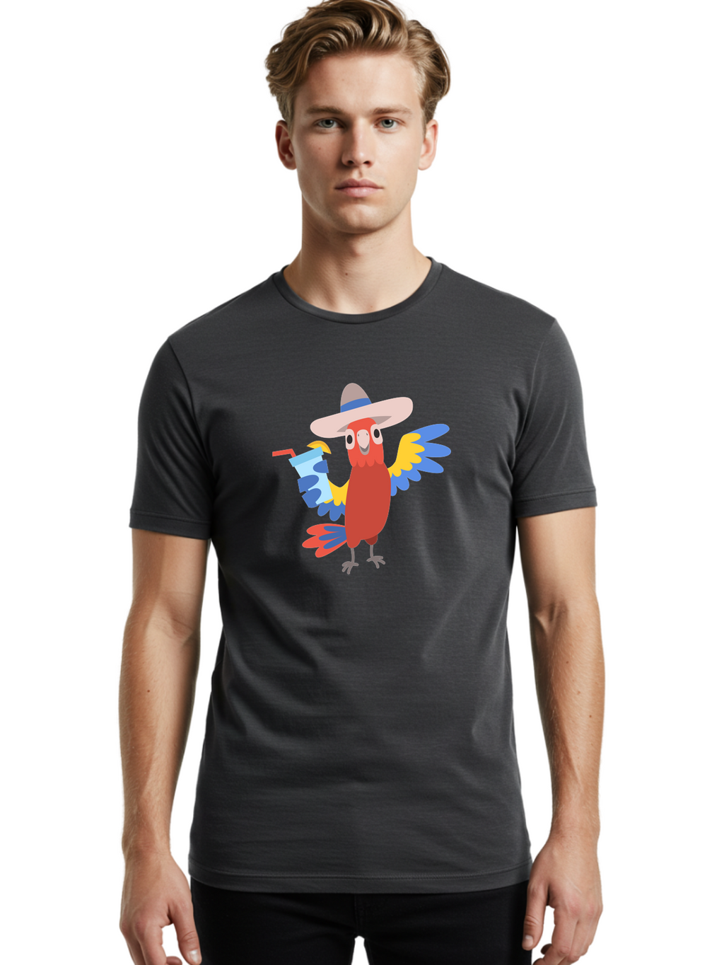 Parrot-In-Hat Men'S Graphic Tee, 100% Cotton, Comfortable Casual Summer Wear, Machine Washable, Colorful Cartoon Parrot, Tropical Bird, Cartoon Character, Wide-Brimmed Hat, Straw Hat, Festive Atmosphere, Playful Design, Vibrant Colors, Aab863
