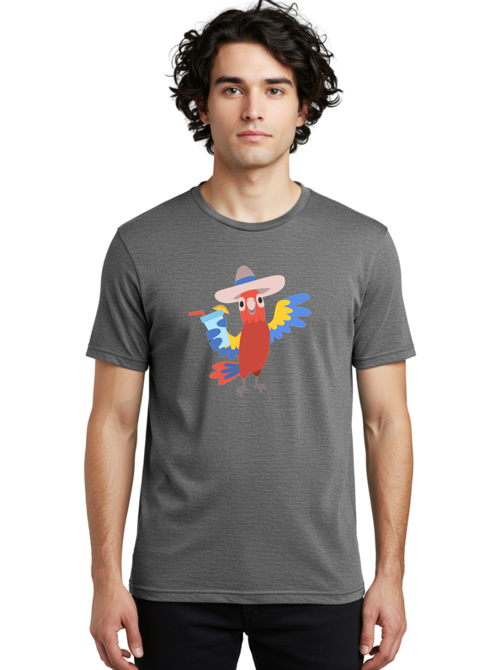 Parrot-In-Hat Men'S Graphic Tee, 100% Cotton, Comfortable Casual Summer Wear, Machine Washable, Colorful Cartoon Parrot, Tropical Bird, Cartoon Character, Wide-Brimmed Hat, Straw Hat, Festive Atmosphere, Playful Design, Vibrant Colors, Aab863