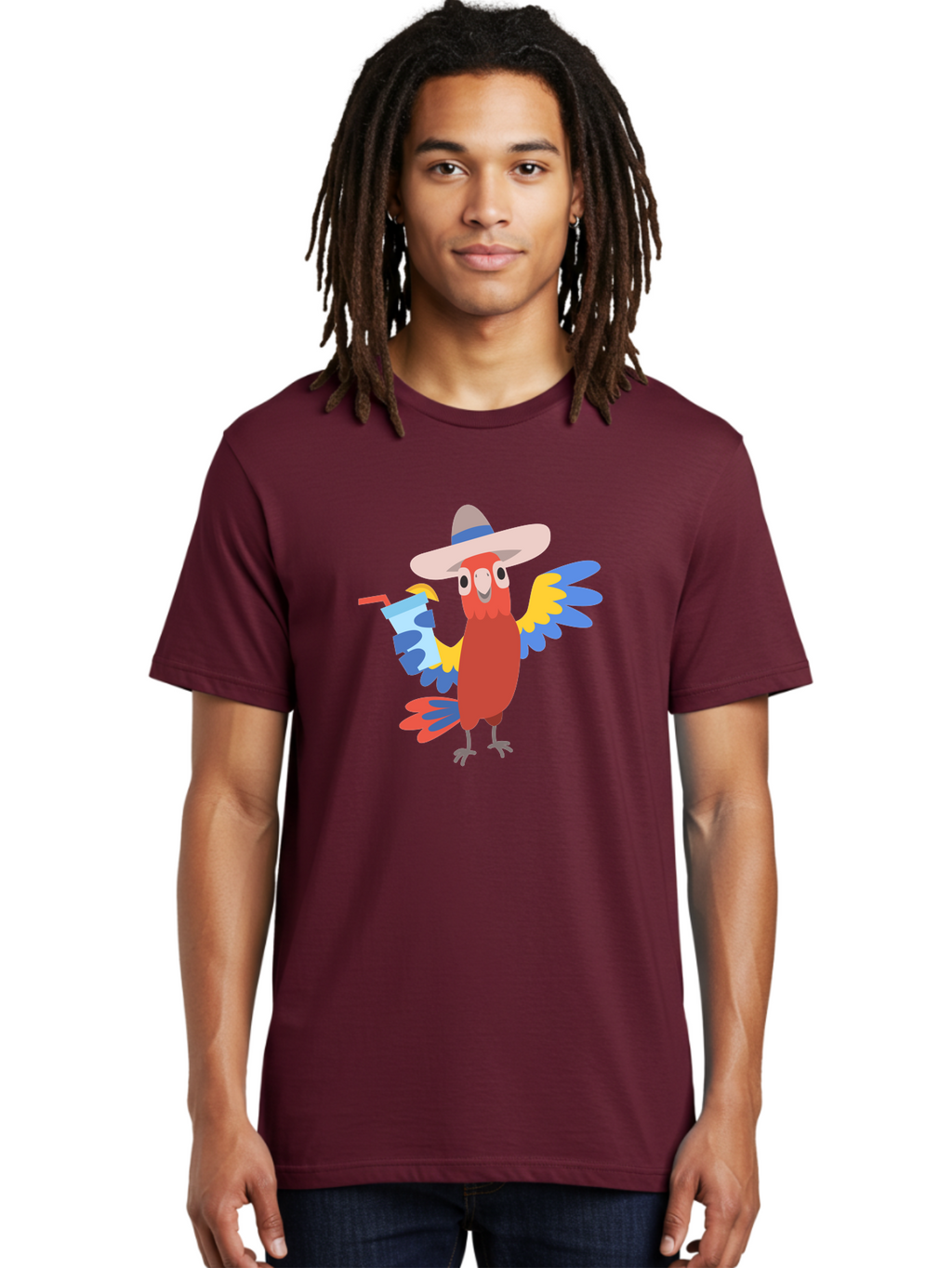 Parrot-In-Hat Men'S Graphic Tee, 100% Cotton, Comfortable Casual Summer Wear, Machine Washable, Colorful Cartoon Parrot, Tropical Bird, Cartoon Character, Wide-Brimmed Hat, Straw Hat, Festive Atmosphere, Playful Design, Vibrant Colors, Aab863