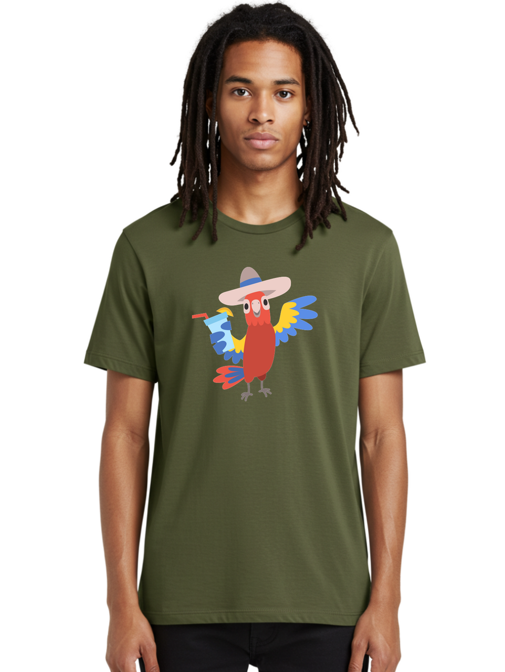 Parrot-In-Hat Men'S Graphic Tee, 100% Cotton, Comfortable Casual Summer Wear, Machine Washable, Colorful Cartoon Parrot, Tropical Bird, Cartoon Character, Wide-Brimmed Hat, Straw Hat, Festive Atmosphere, Playful Design, Vibrant Colors, Aab863