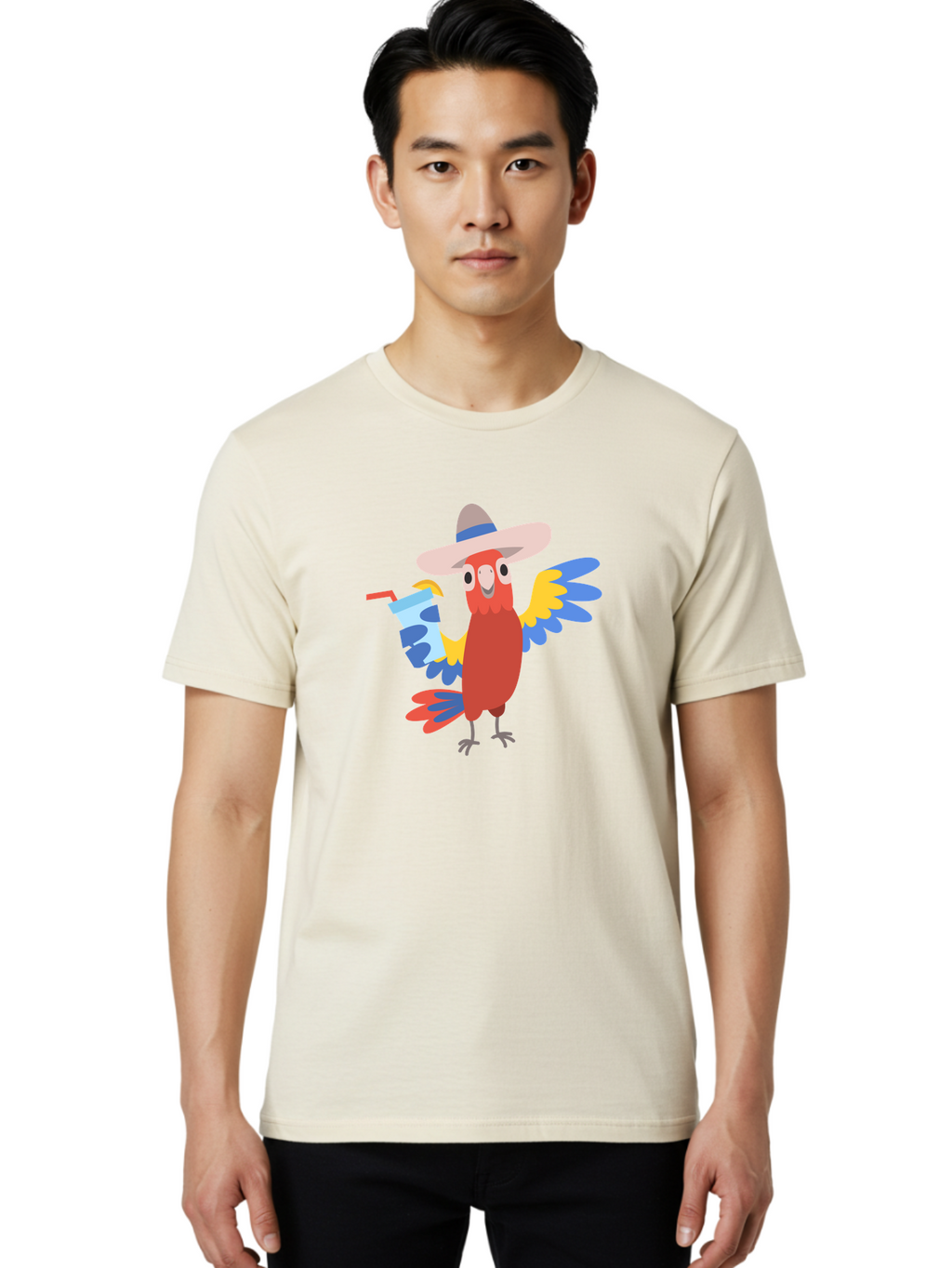 Parrot-In-Hat Men'S Graphic Tee, 100% Cotton, Comfortable Casual Summer Wear, Machine Washable, Colorful Cartoon Parrot, Tropical Bird, Cartoon Character, Wide-Brimmed Hat, Straw Hat, Festive Atmosphere, Playful Design, Vibrant Colors, Aab863