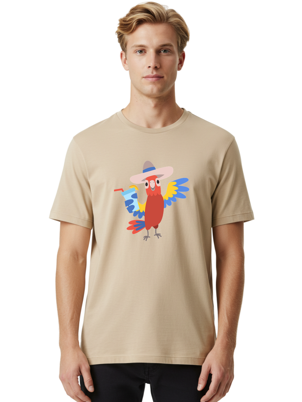 Parrot-In-Hat Men'S Graphic Tee, 100% Cotton, Comfortable Casual Summer Wear, Machine Washable, Colorful Cartoon Parrot, Tropical Bird, Cartoon Character, Wide-Brimmed Hat, Straw Hat, Festive Atmosphere, Playful Design, Vibrant Colors, Aab863