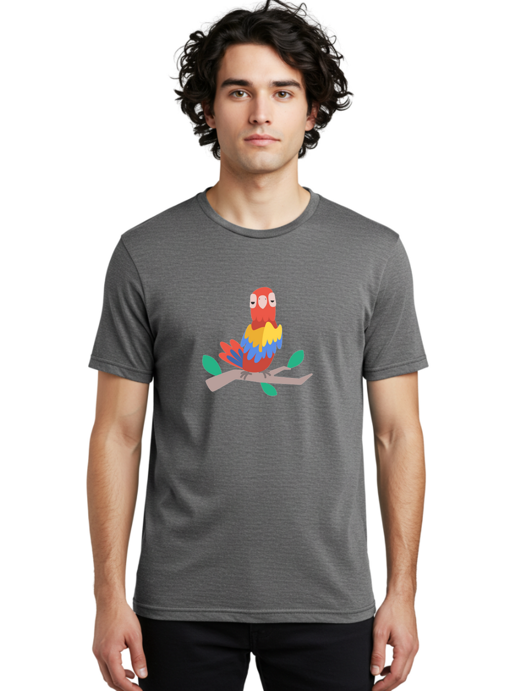 Parrot-On-Branch Men'S Graphic Tee, 100% Cotton, Comfortable Casual Summer Wear, Machine Washable, Colorful Parrot, Cartoon Bird, Vibrant Plumage, Red, Blue, And Yellow Feathers, Sitting On A Tree Branch, Green Leaves, Tropical Bird, Aab865