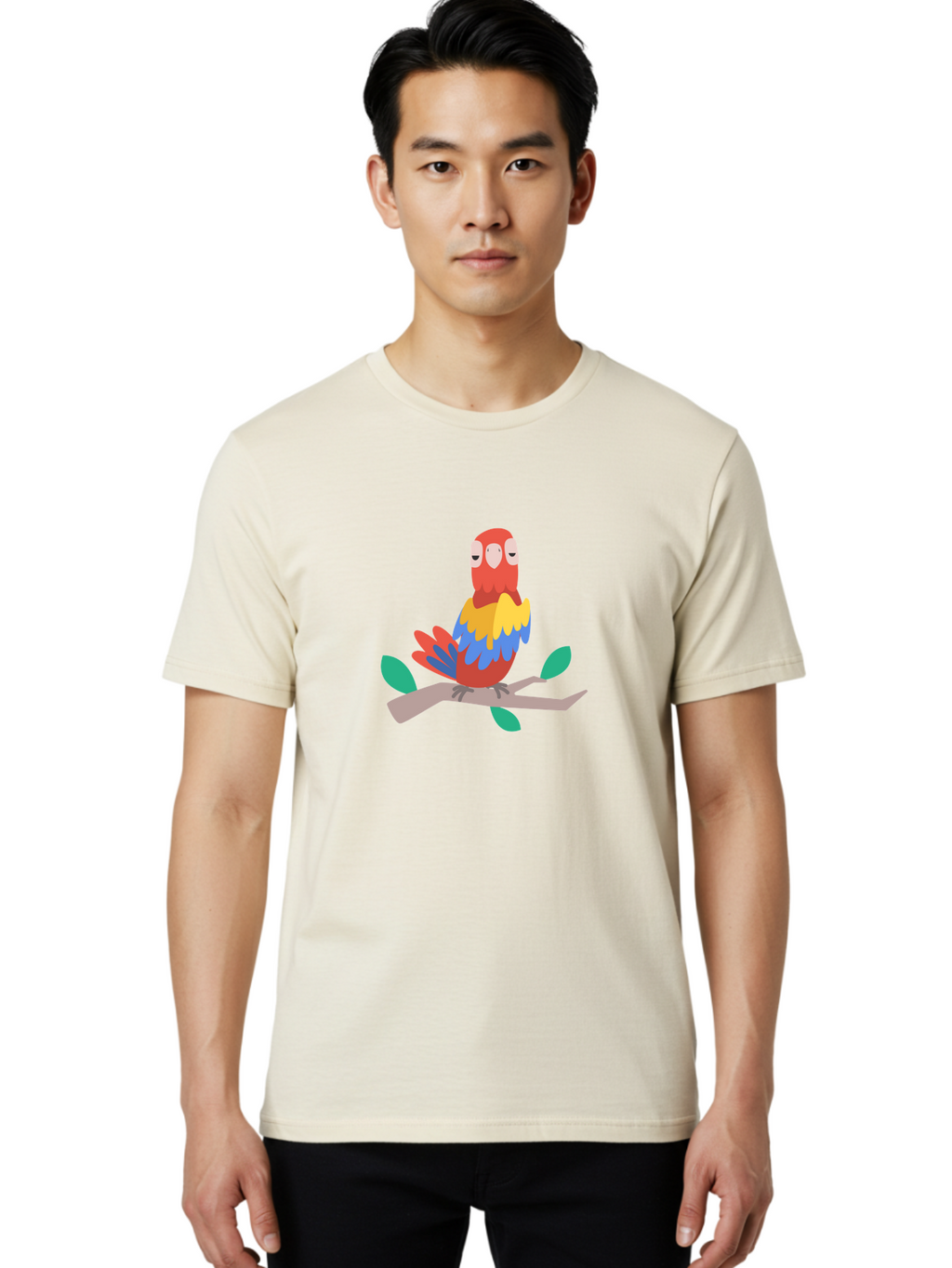 Parrot-On-Branch Men'S Graphic Tee, 100% Cotton, Comfortable Casual Summer Wear, Machine Washable, Colorful Parrot, Cartoon Bird, Vibrant Plumage, Red, Blue, And Yellow Feathers, Sitting On A Tree Branch, Green Leaves, Tropical Bird, Aab865