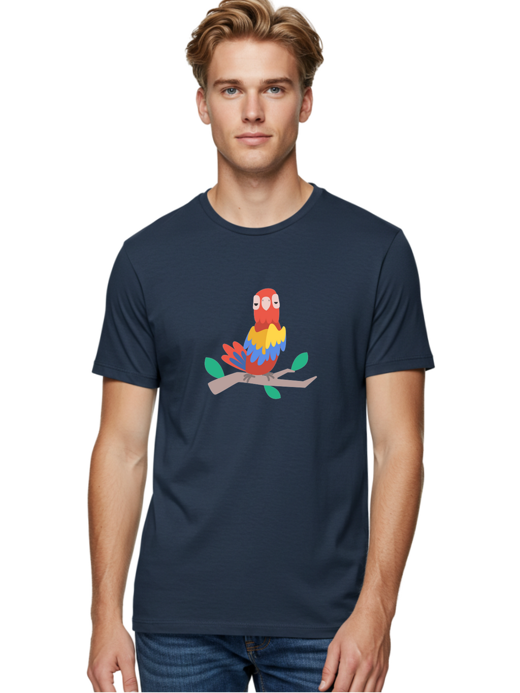 Parrot-On-Branch Men'S Graphic Tee, 100% Cotton, Comfortable Casual Summer Wear, Machine Washable, Colorful Parrot, Cartoon Bird, Vibrant Plumage, Red, Blue, And Yellow Feathers, Sitting On A Tree Branch, Green Leaves, Tropical Bird, Aab865