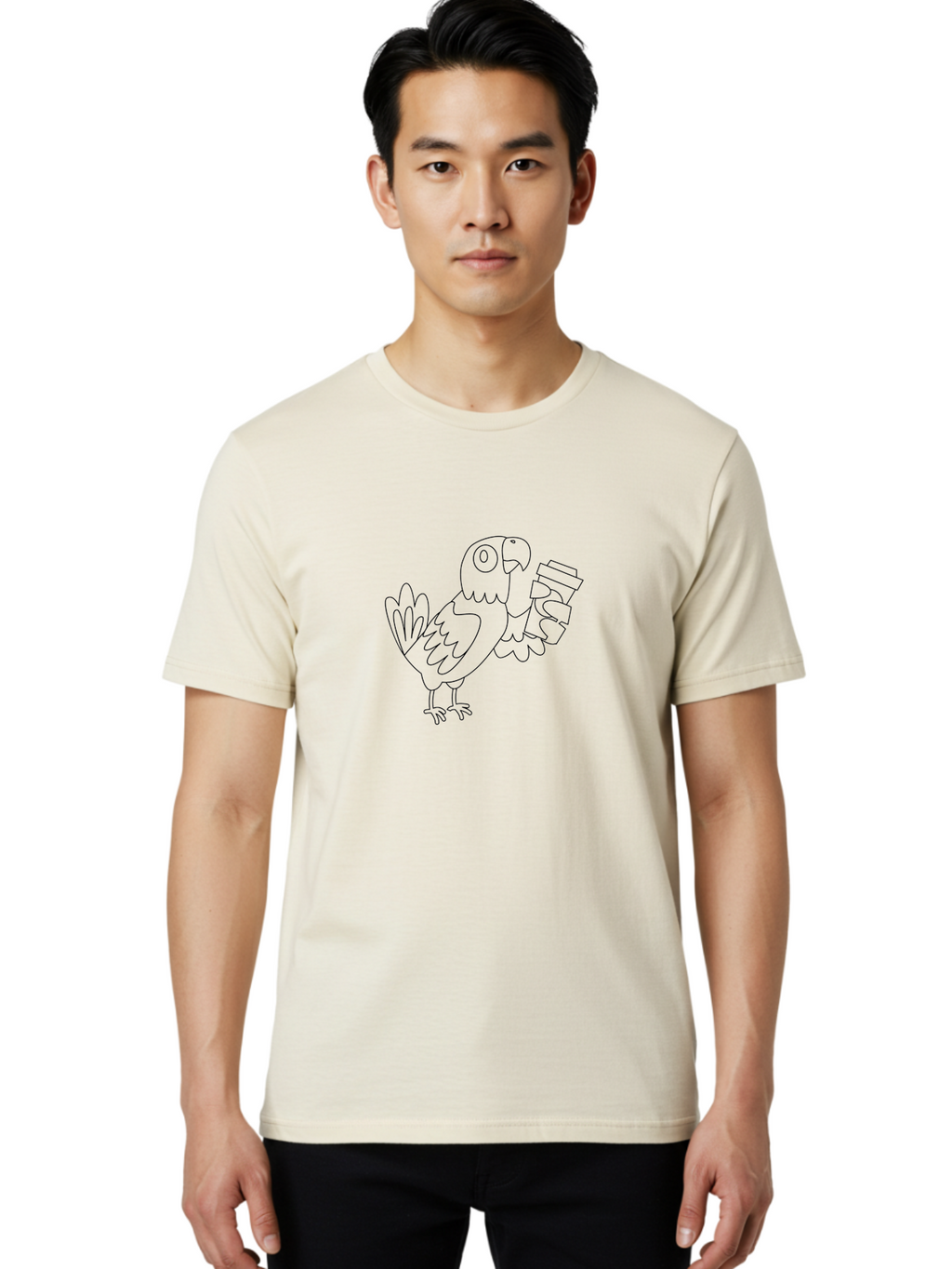 Parrot-With-Coffee Men'S Graphic Tee, 100% Cotton, Comfortable Casual Summer Wear, Machine Washable, Parrot Holding Coffee Cup, Cartoon Bird, Coffee Lover, Funny Animal, Quirky Character, Line Art, Simple Design, Humorous Illustration Aab868