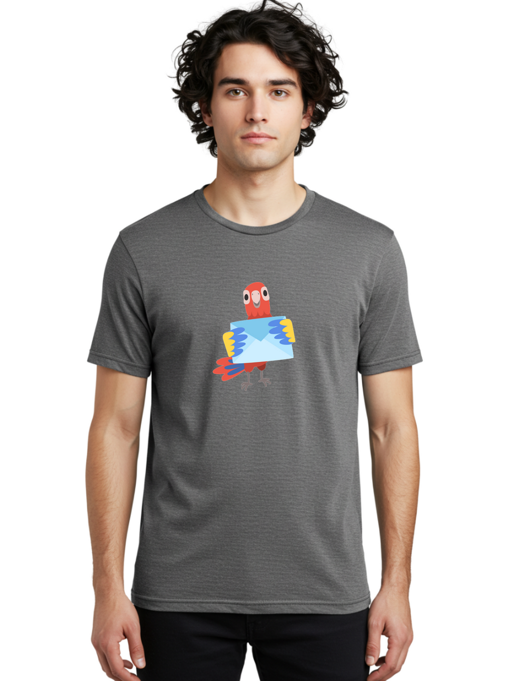 Parrot-With-Envelope Men'S Graphic Tee, 100% Cotton, Comfortable Casual Summer Wear, Machine Washable, Cartoon Parrot, Red Parrot, Colorful Wings, Blue Envelope, Email Concept, Digital Communication, Vibrant Colors, Playful Design, Aab870