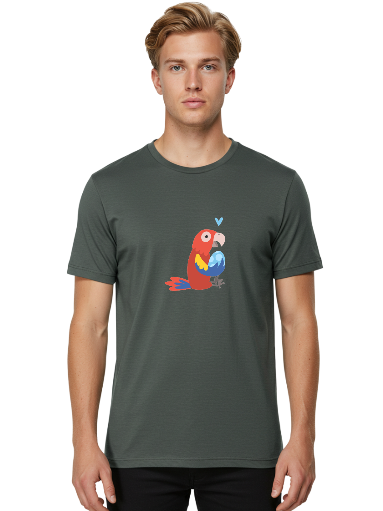 Parrot-With-Globe Men'S Graphic Tee, 100% Cotton, Comfortable Casual Summer Wear, Machine Washable, Cartoon Parrot, Colorful Plumage, Vibrant Bird, Blue And Red Feathers, Yellow Wing, Heart Symbol, Cute Animal, Illustration Art, Aab871