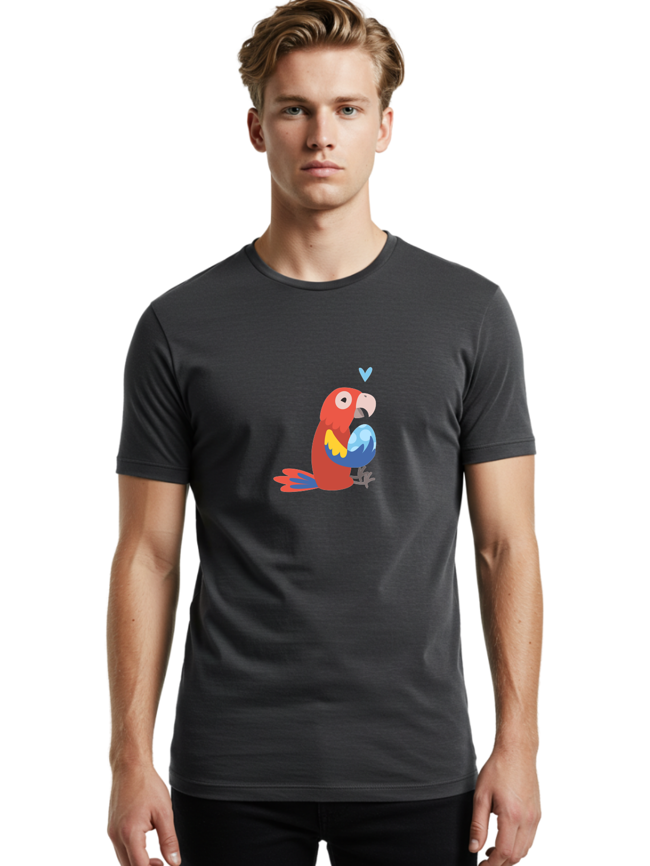 Parrot-With-Globe Men'S Graphic Tee, 100% Cotton, Comfortable Casual Summer Wear, Machine Washable, Cartoon Parrot, Colorful Plumage, Vibrant Bird, Blue And Red Feathers, Yellow Wing, Heart Symbol, Cute Animal, Illustration Art, Aab871