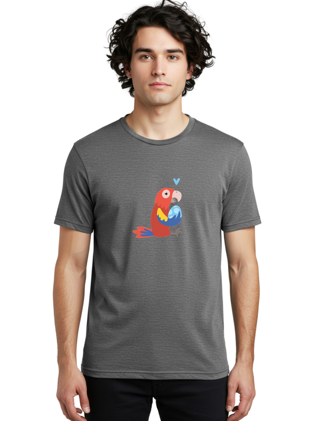Parrot-With-Globe Men'S Graphic Tee, 100% Cotton, Comfortable Casual Summer Wear, Machine Washable, Cartoon Parrot, Colorful Plumage, Vibrant Bird, Blue And Red Feathers, Yellow Wing, Heart Symbol, Cute Animal, Illustration Art, Aab871