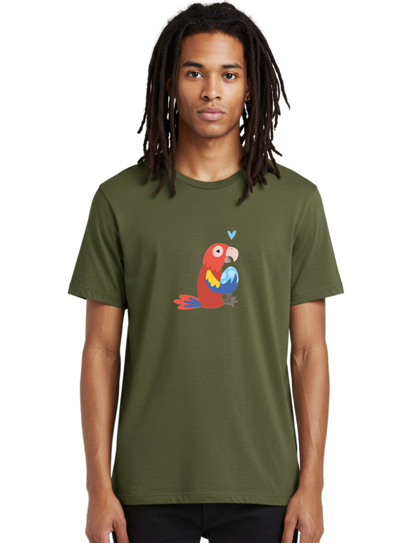 Parrot-With-Globe Men'S Graphic Tee, 100% Cotton, Comfortable Casual Summer Wear, Machine Washable, Cartoon Parrot, Colorful Plumage, Vibrant Bird, Blue And Red Feathers, Yellow Wing, Heart Symbol, Cute Animal, Illustration Art, Aab871