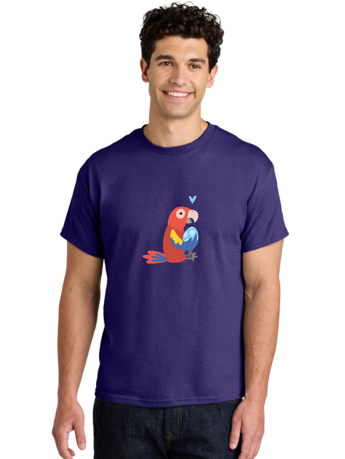 Parrot-With-Globe Men'S Graphic Tee, 100% Cotton, Comfortable Casual Summer Wear, Machine Washable, Cartoon Parrot, Colorful Plumage, Vibrant Bird, Blue And Red Feathers, Yellow Wing, Heart Symbol, Cute Animal, Illustration Art, Aab871