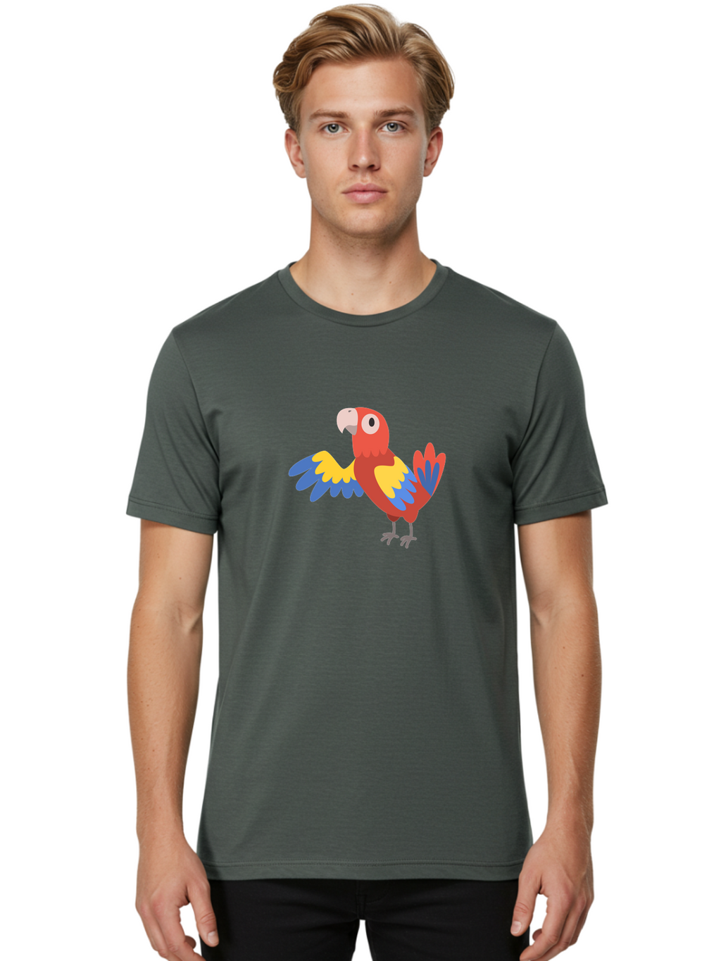 Parrot Men'S Graphic Tee, 100% Cotton, Comfortable Casual Summer Wear, Machine Washable, Vibrant Parrot, Colorful Bird, Tropical Parrot, Cartoon Parrot, Parrot Illustration, Red Parrot, Blue And Yellow Wings, White Beak, Simple Art, Aab872