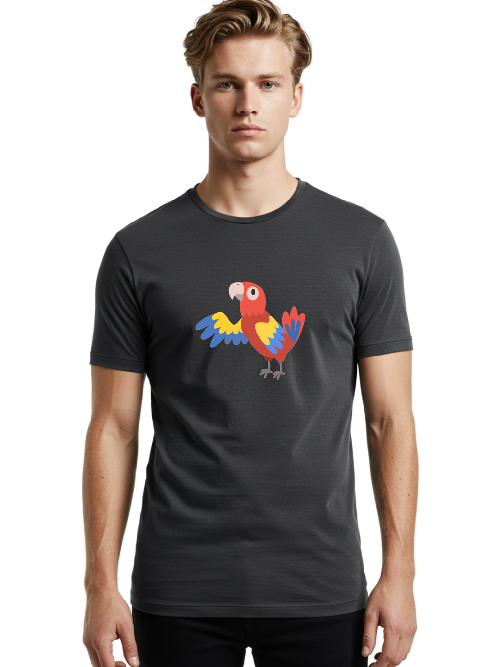 Parrot Men'S Graphic Tee, 100% Cotton, Comfortable Casual Summer Wear, Machine Washable, Vibrant Parrot, Colorful Bird, Tropical Parrot, Cartoon Parrot, Parrot Illustration, Red Parrot, Blue And Yellow Wings, White Beak, Simple Art, Aab872