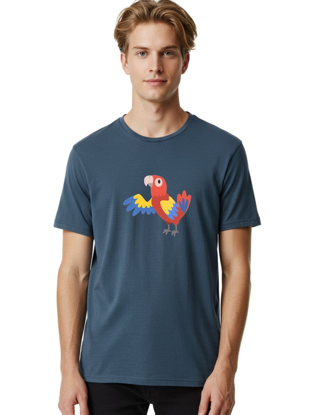 Parrot Men'S Graphic Tee, 100% Cotton, Comfortable Casual Summer Wear, Machine Washable, Vibrant Parrot, Colorful Bird, Tropical Parrot, Cartoon Parrot, Parrot Illustration, Red Parrot, Blue And Yellow Wings, White Beak, Simple Art, Aab872