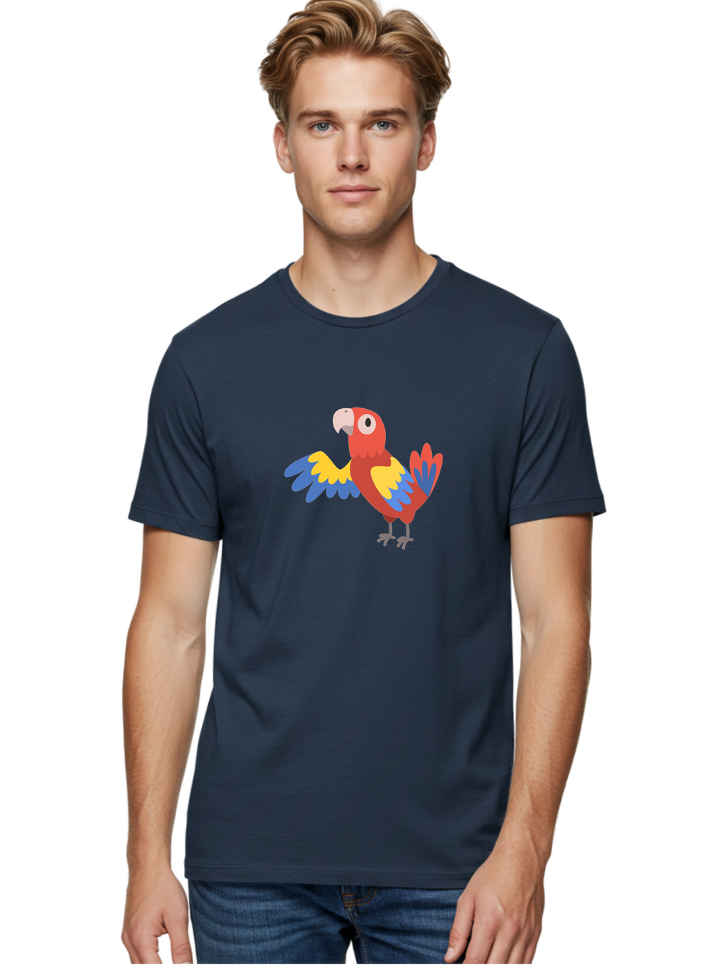 Parrot Men'S Graphic Tee, 100% Cotton, Comfortable Casual Summer Wear, Machine Washable, Vibrant Parrot, Colorful Bird, Tropical Parrot, Cartoon Parrot, Parrot Illustration, Red Parrot, Blue And Yellow Wings, White Beak, Simple Art, Aab872
