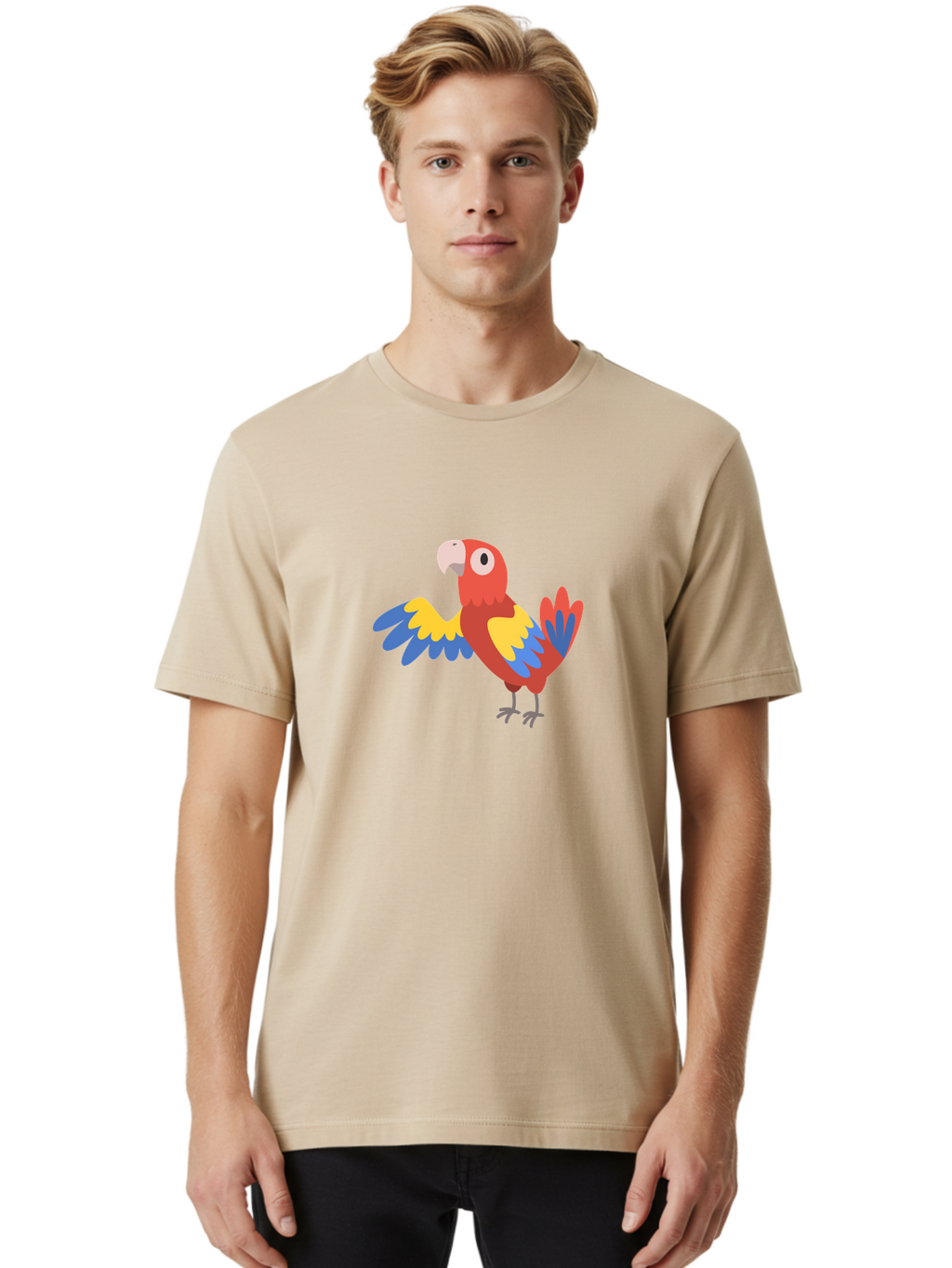 Parrot Men'S Graphic Tee, 100% Cotton, Comfortable Casual Summer Wear, Machine Washable, Vibrant Parrot, Colorful Bird, Tropical Parrot, Cartoon Parrot, Parrot Illustration, Red Parrot, Blue And Yellow Wings, White Beak, Simple Art, Aab872